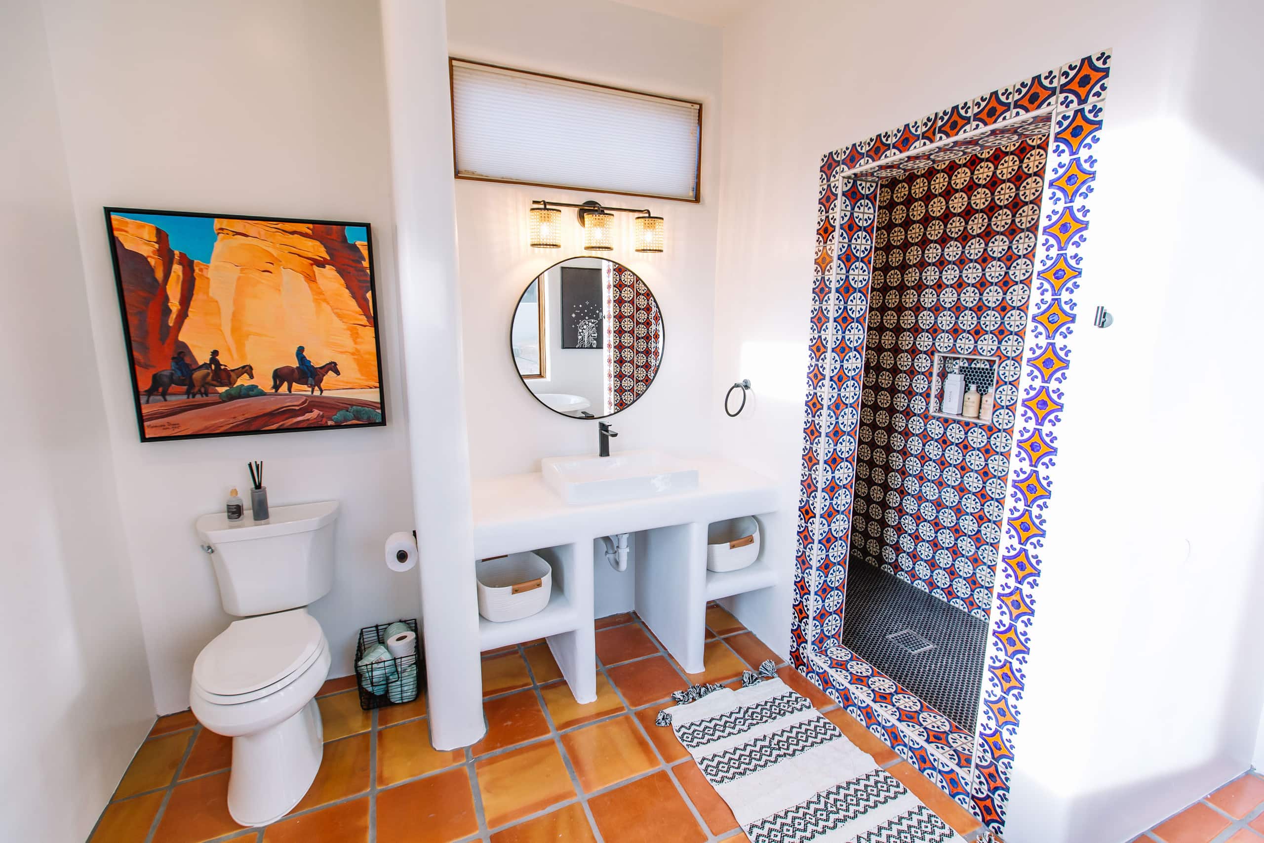 Bath with red-circle Talavera shower surround